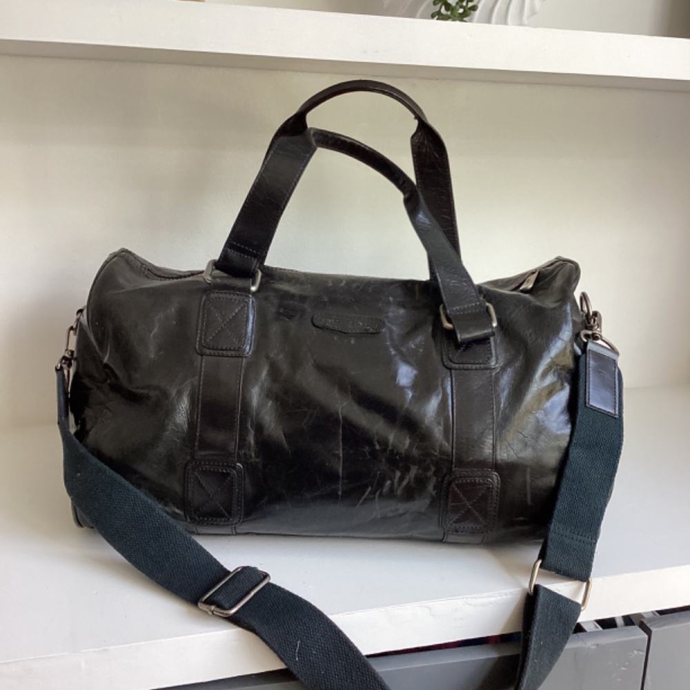 MEN’S FOSSIL BRAND BLACK LEATHER DUFFLE TRAVEL LARGE BAG - Picture 2 of 16